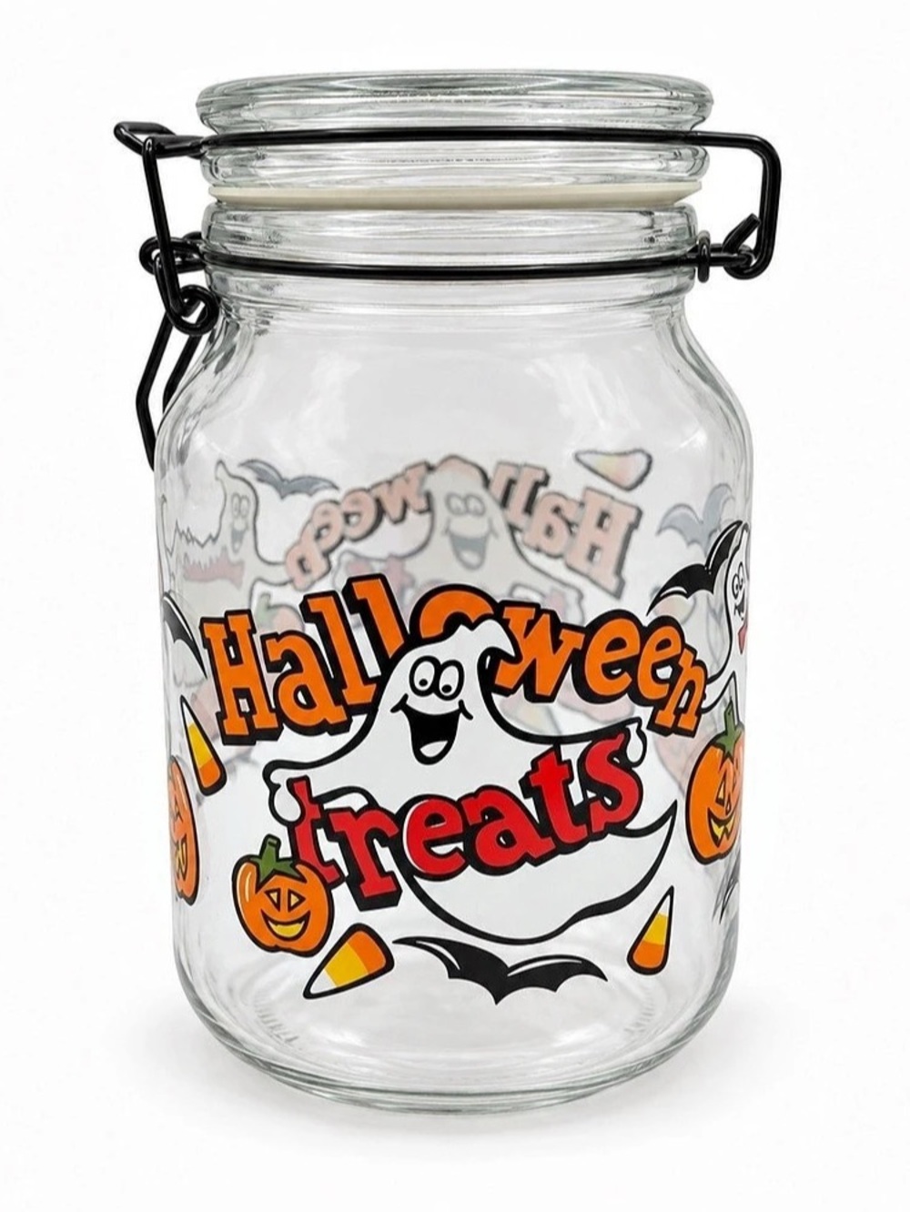 Halloween Treats Glass Candy Jar with Clamp Lid – 8” Ghost & Pumpkin Design